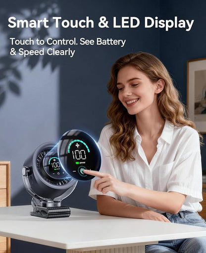 FLEXIBARE 4000mAh Rechargeable Portable Clip on Fan-100-Speed Touch Control, LED Display, 360° Rotate Quiet Turbo Desk Fan, Small Battery Operated USB Fan for Stroller Bed Travel Camping Golf Gym