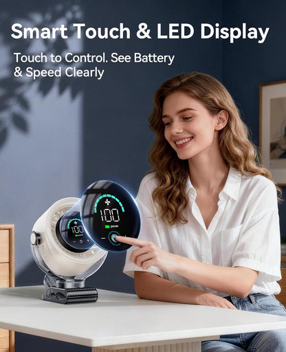 FLEXIBARE 4000mAh Rechargeable Portable Clip on Fan-100-Speed Touch Control, LED Display, 360° Rotate Quiet Turbo Desk Fan, Small Battery Operated USB Fan for Stroller Bed Travel Camping Golf Gym